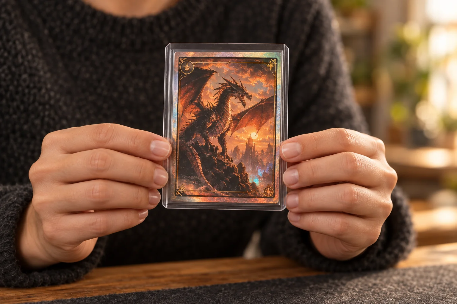 The second phone’s close-up of the same orange dragon card in the presenter’s hands