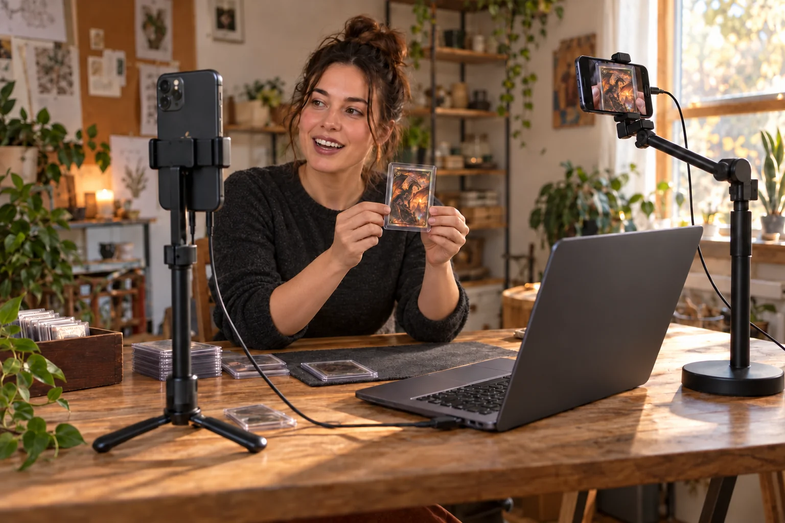A woman presents a dragon trading card using two phones as streaming cameras; the second phone shows a close-up of the same card